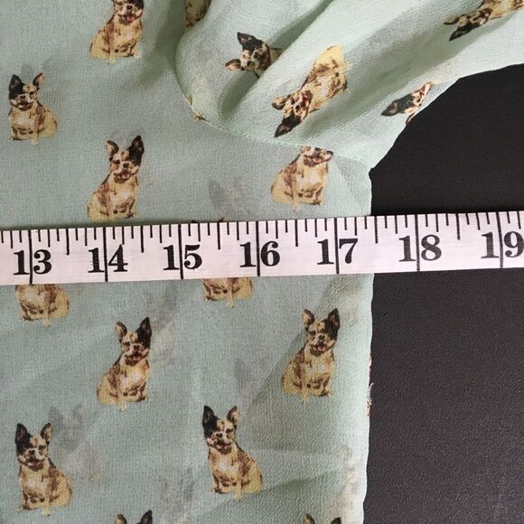 ZARA FRENCH BULLDOG PRINT NOVELTY SHEER CHIFFON STUDDED SHOULDER MINT BLOUSE S - Picture 6 of 12